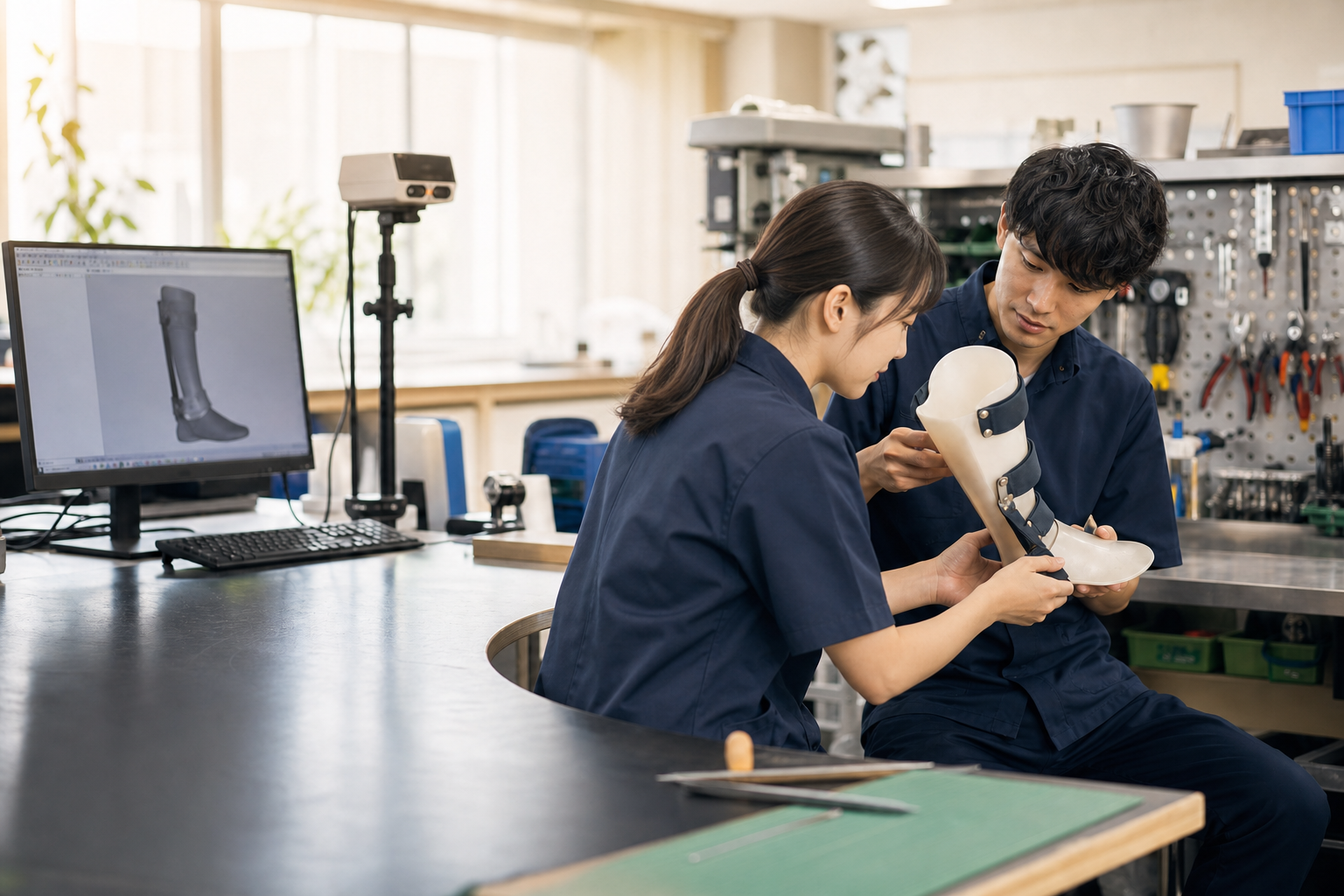 若い女性スタッフを含む義肢装具士が学ぶ職場のイメージ